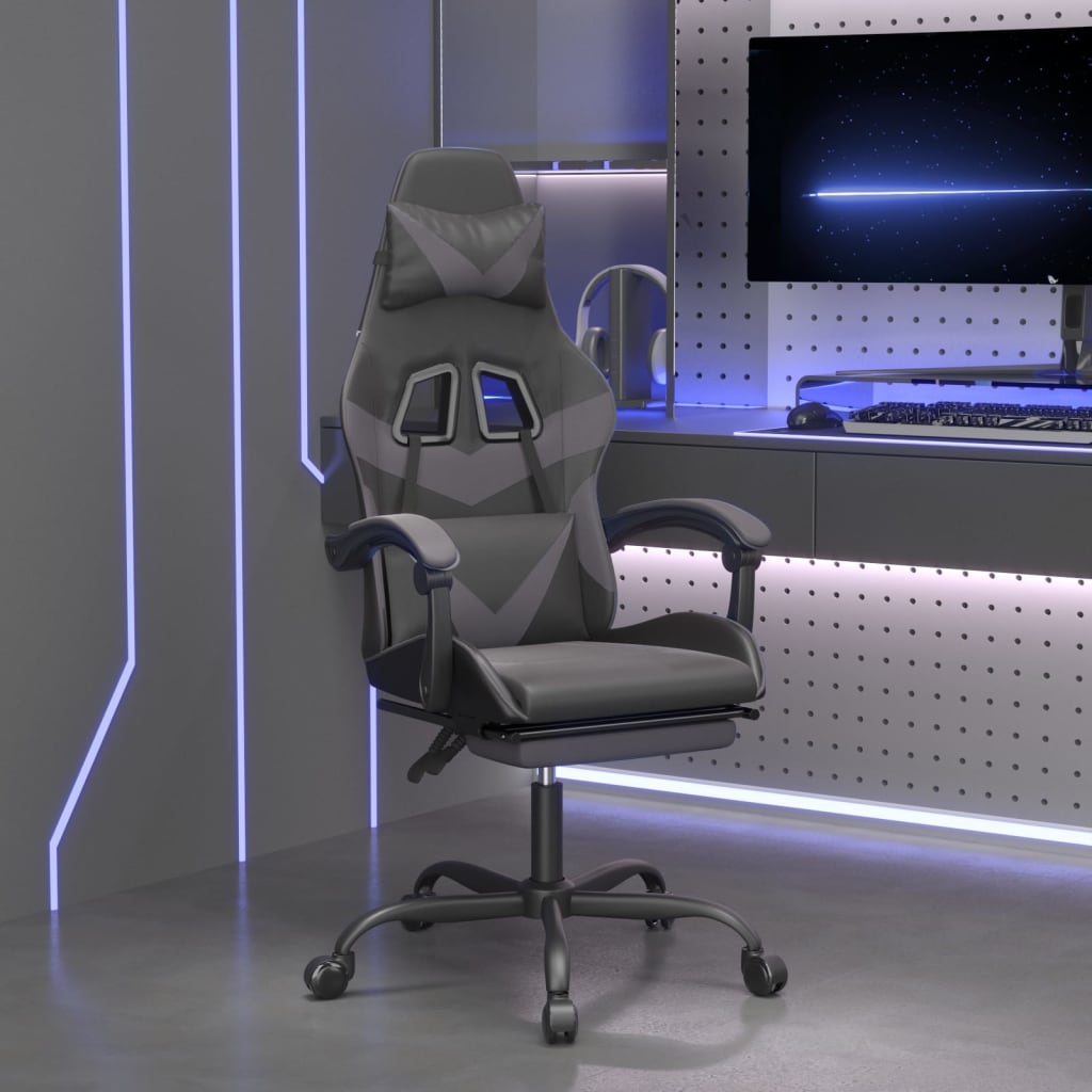 vidaXL Cadeira gaming giratória c/ apoio pés couro artif. preto/cinza
