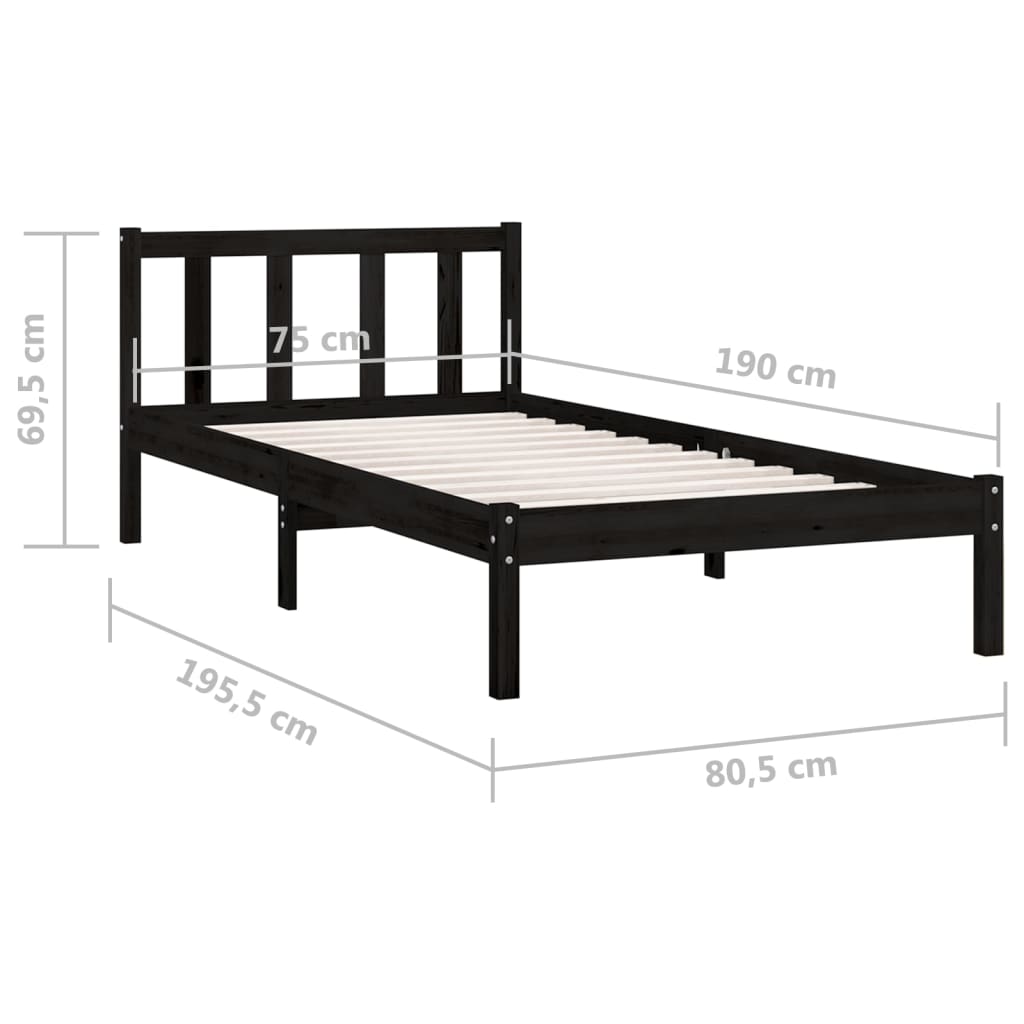 vidaXL Estrutura de cama pequena solteiro 75x190 cm pinho maciço preto