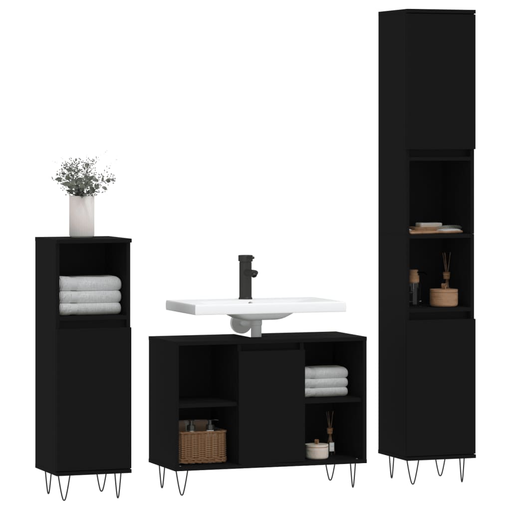vidaXL 3 pcs conjunto móveis casa de banho derivados de madeira preto