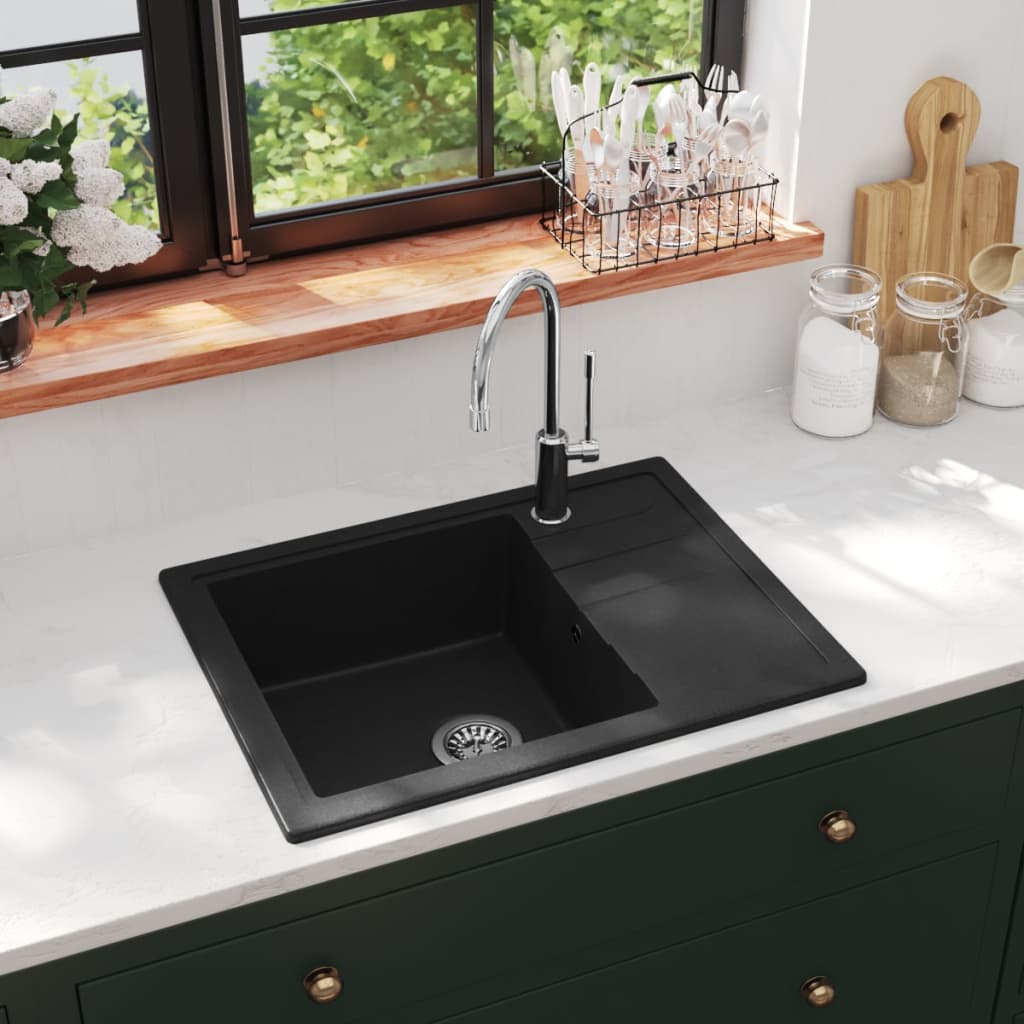 vidaXL Lava-louça cozinha orifício extravasamento oval granito preto