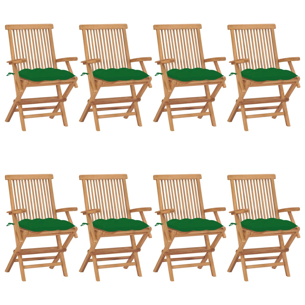 vidaXL Cadeiras de jardim c/ almofadões verdes 8 pcs teca maciça