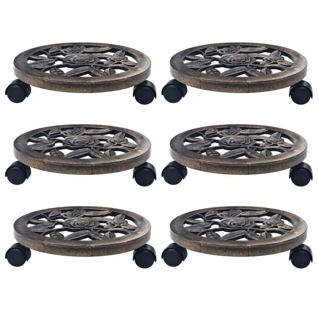 vidaXL Suportes com rodas para plantas 6 pcs 30 cm plástico bronze