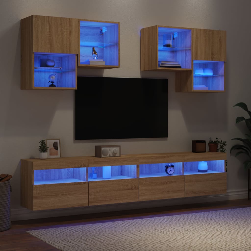 vidaXL 6 pcs conj. móveis de parede p/ TV c/ luzes LED carvalho sonoma