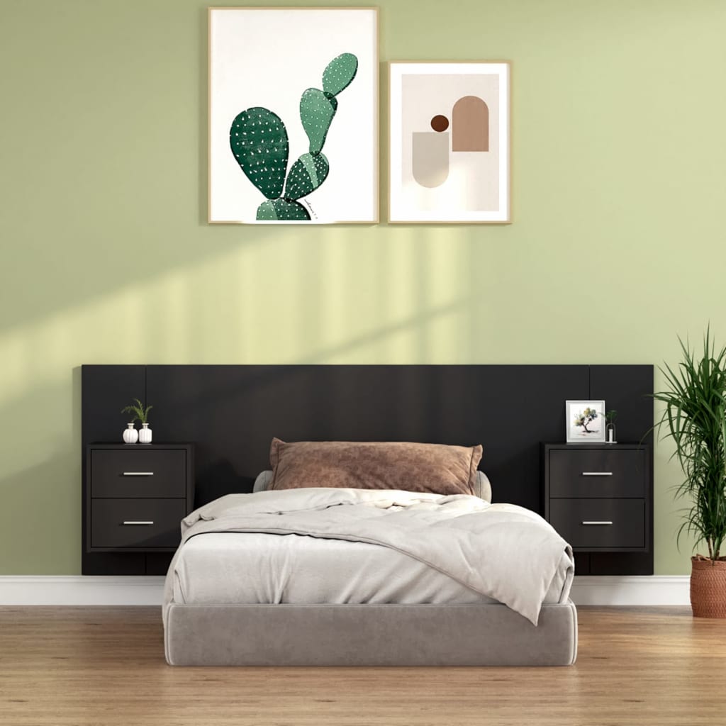 vidaXL Cabeceira cama + armários madeira processada preto