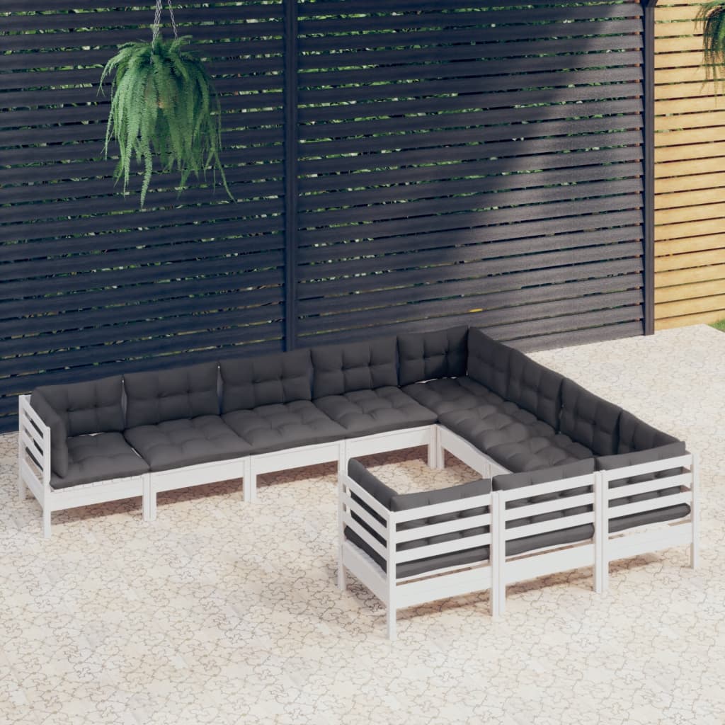 vidaXL 10 pcs conjunto lounge de jardim c/ almofadões pinho branco