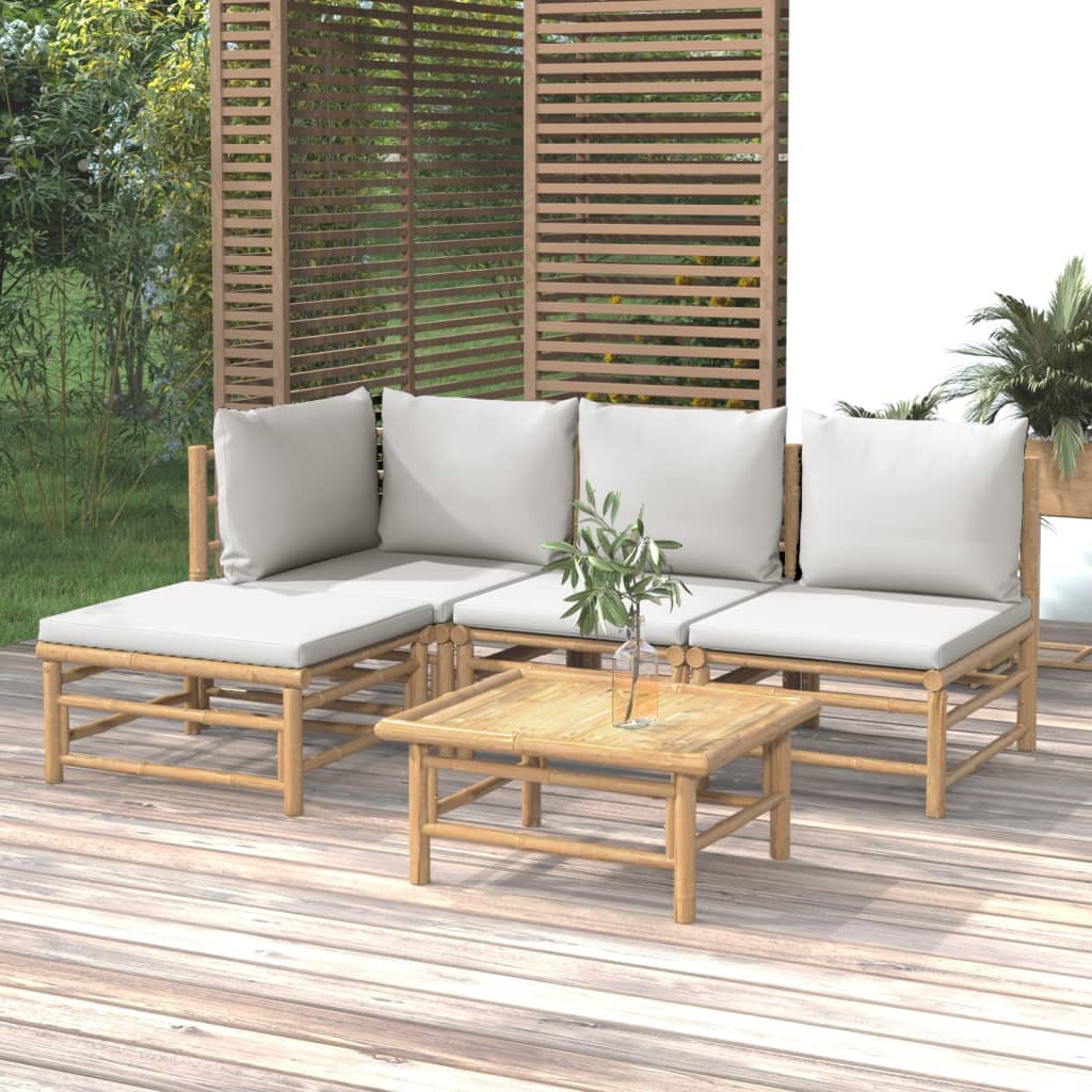 vidaXL 5 pcs conj. lounge de jardim bambu c/ almofadões cinzento-claro