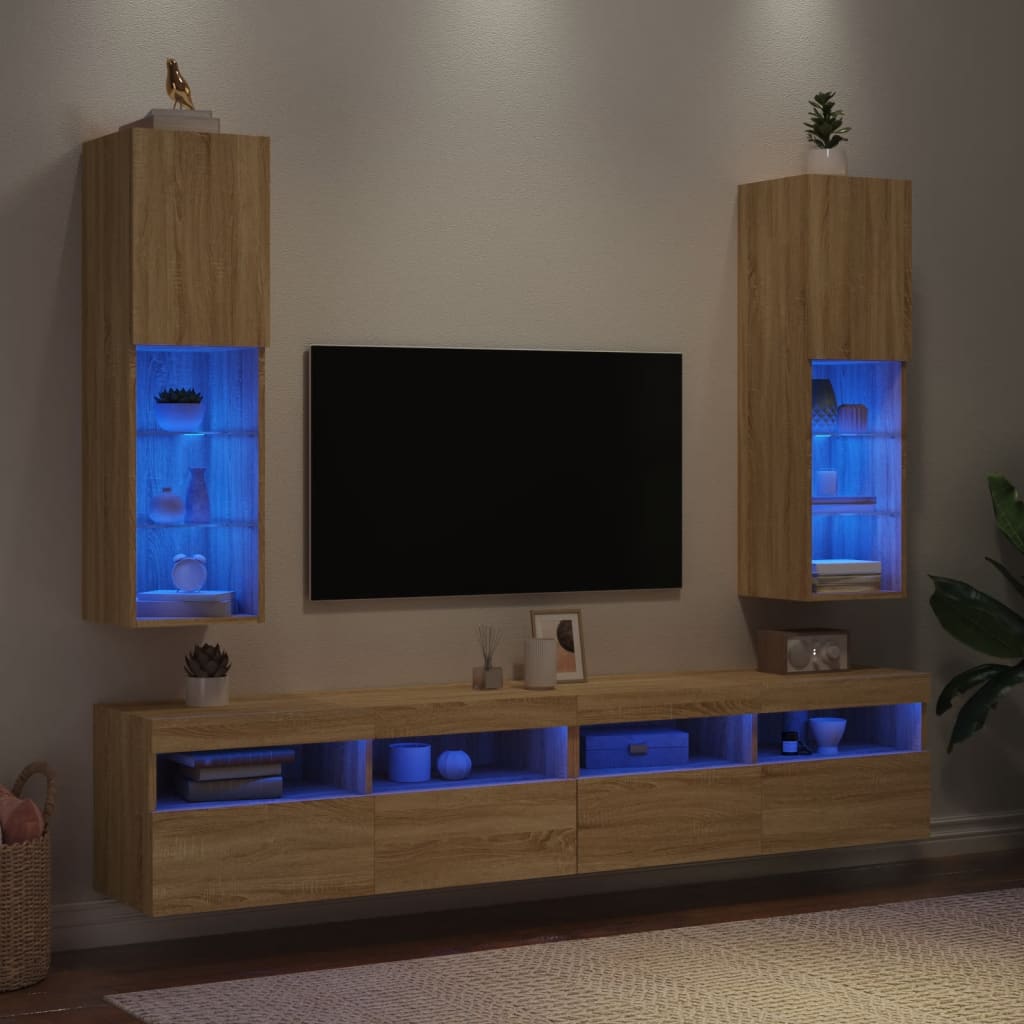 vidaXL Móveis de TV com luzes LED 2 pcs 30,5x30x102 cm carvalho sonoma