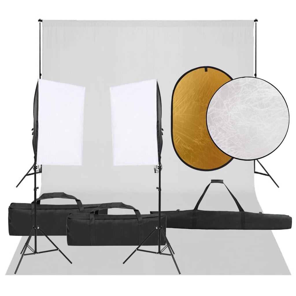 vidaXL Kit estúdio fotográfico c/ conj. de iluminação/fundo/refletor