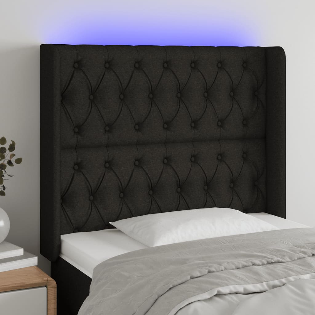 vidaXL Cabeceira de cama c/ luzes LED tecido 93x16x118/128 cm preto