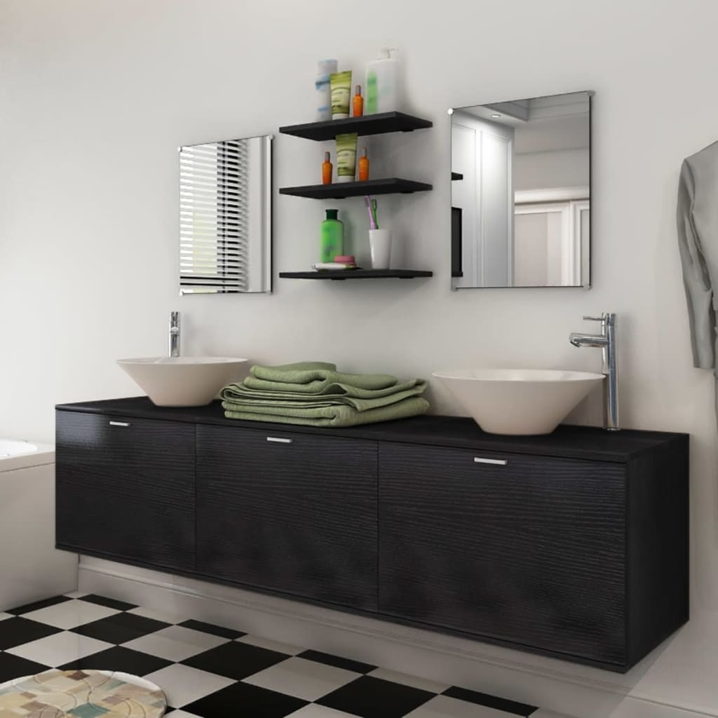 vidaXL Conjunto móveis casa de banho 10 pcs com bacia e torneira preto