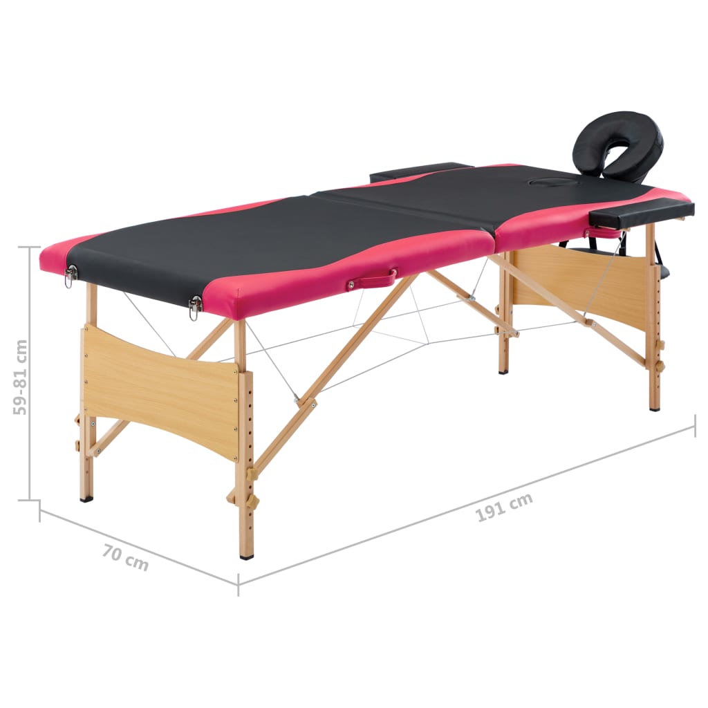vidaXL Mesa de massagens dobrável 2 zonas madeira preto e rosa