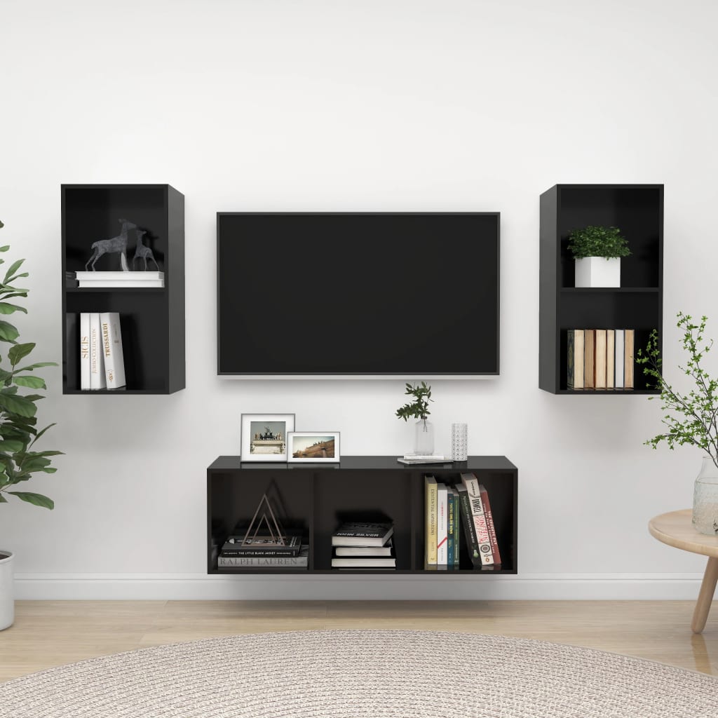 vidaXL 3 pcs conjunto de móveis de TV contraplacado preto brilhante