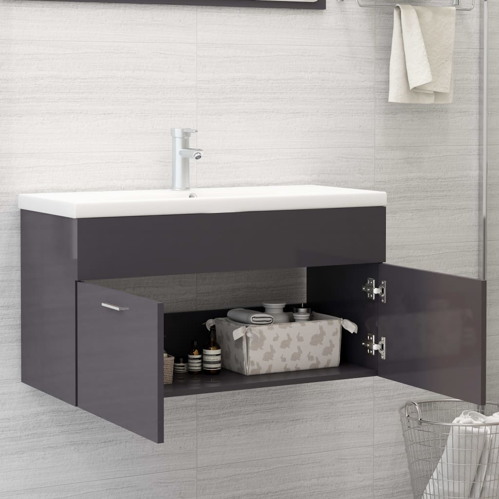 vidaXL Armário lavatório 90x38,5x46cm contraplacado cinzento brilhante
