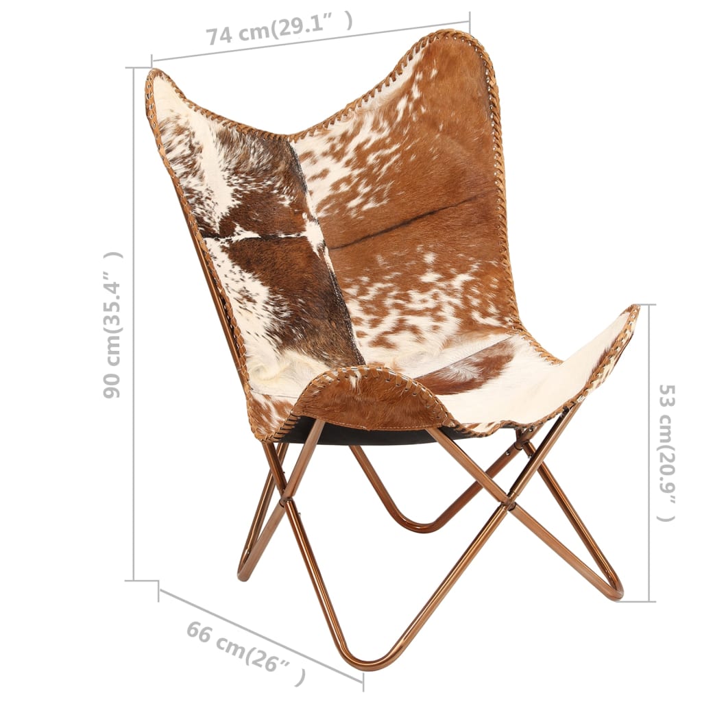 vidaXL Cadeira borboleta em couro de cabra genuíno castanho e branco