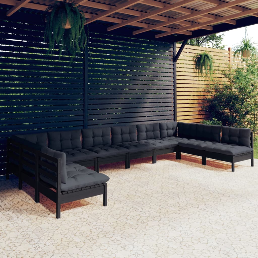vidaXL 10 pcs conjunto lounge jardim c/ almofadões pinho maciço preto