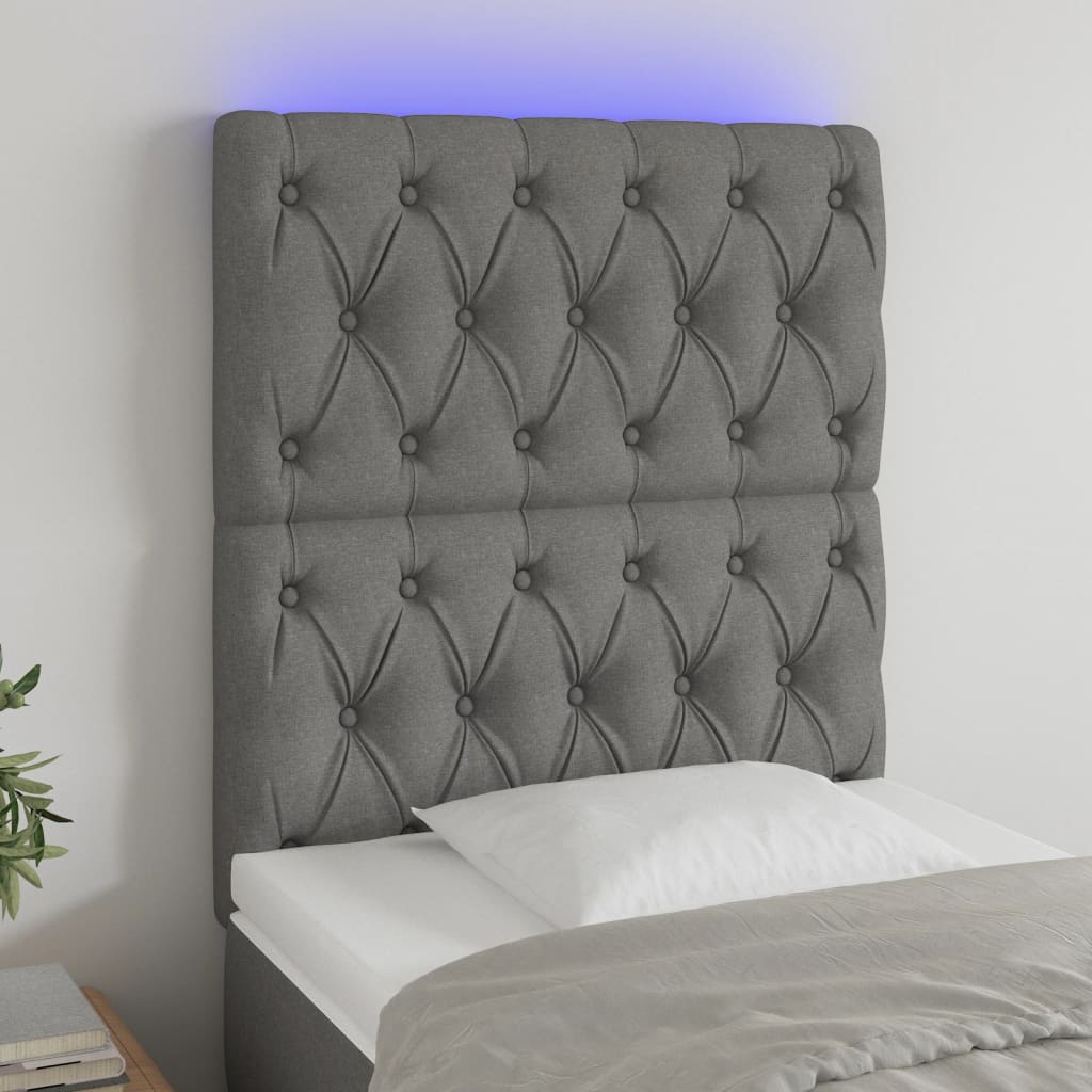 vidaXL Cabeceira de cama c/ LED tecido 80x7x118/128 cm cinza-escuro