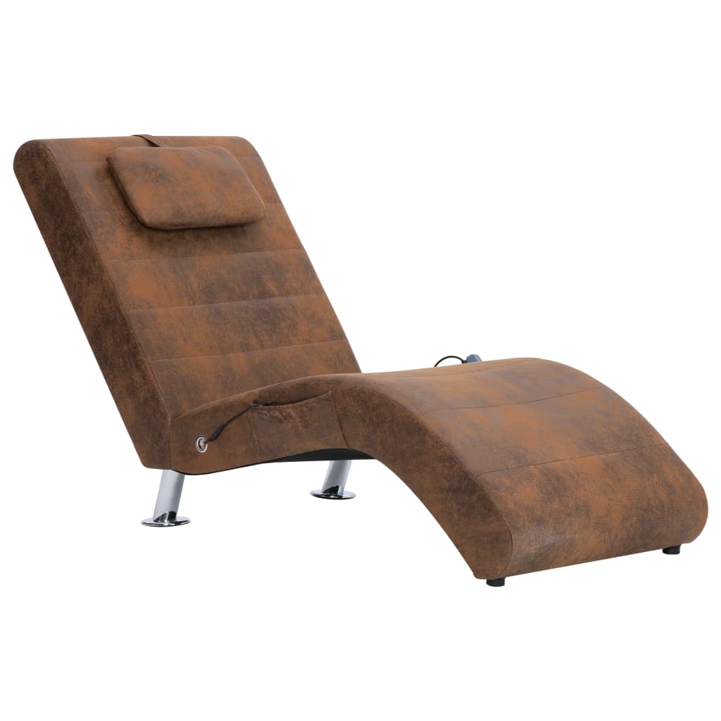 vidaXL Chaise longue massagem c/ almofada camurça artificial castanho