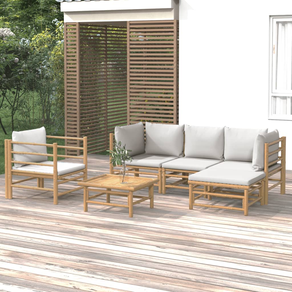 vidaXL 6 pcs conj. lounge de jardim bambu c/ almofadões cinzento-claro