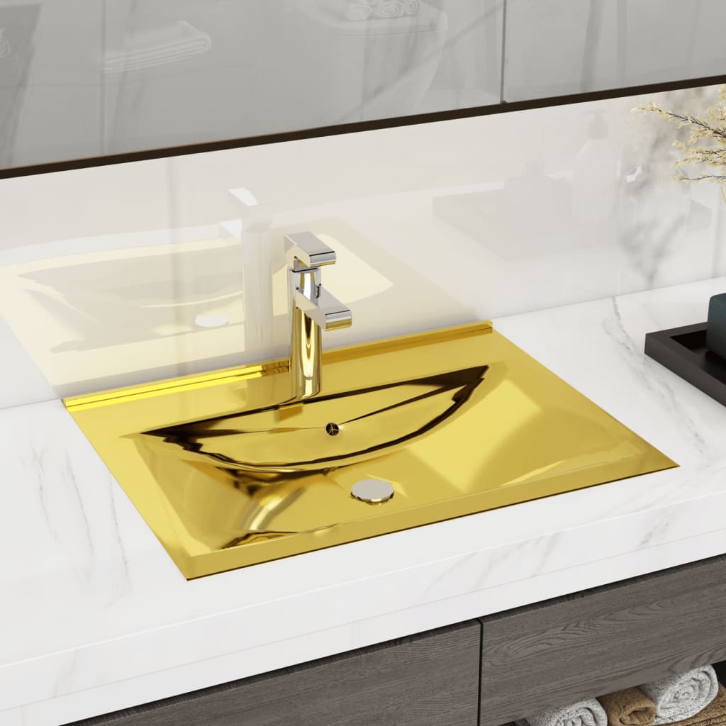 vidaXL Lavatório com extravasamento 60x46x16 cm cerâmica dourado