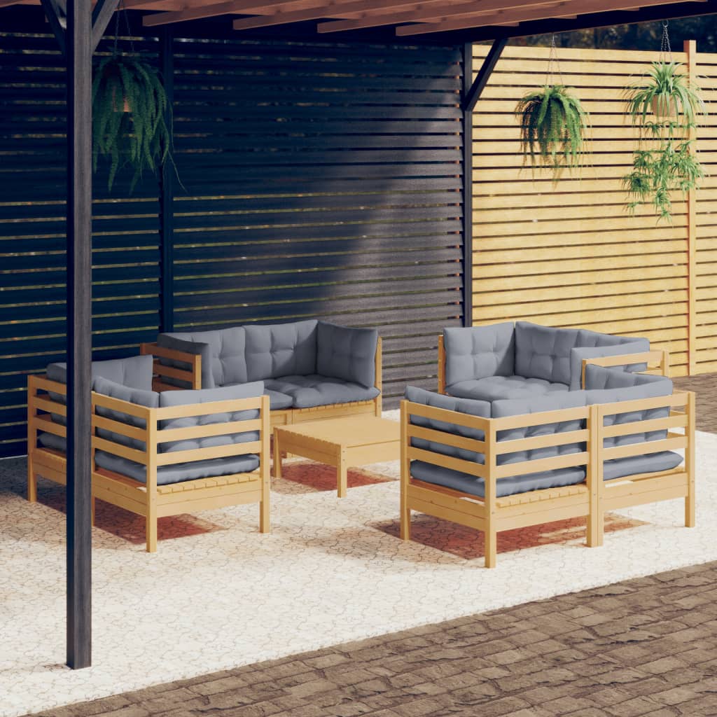 vidaXL 9 pcs conjunto lounge de jardim c/ almofadões cinzentos pinho