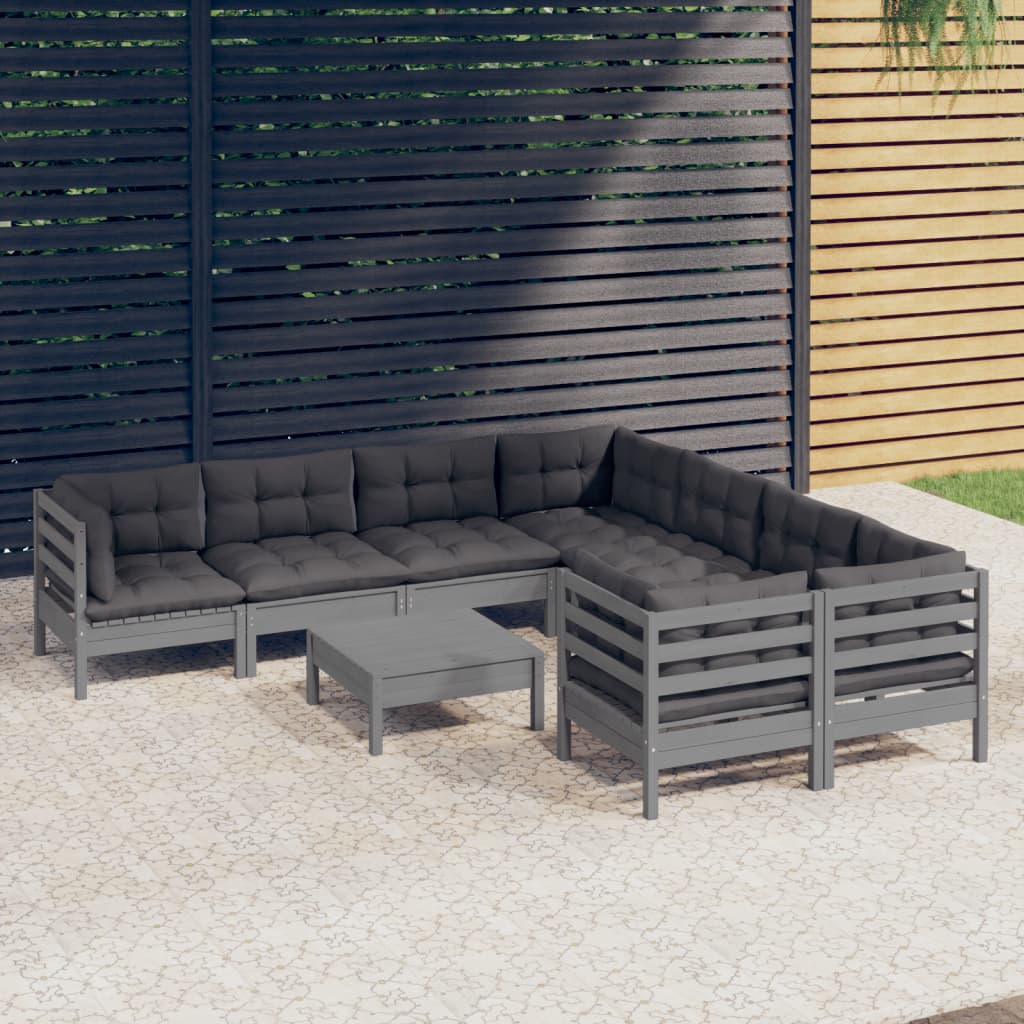 vidaXL 9 pcs conjunto lounge de jardim c/ almofadões pinho cinza