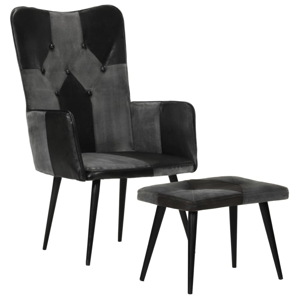 vidaXL Cadeira com braços e apoio de pés couro genuíno e lona preto
