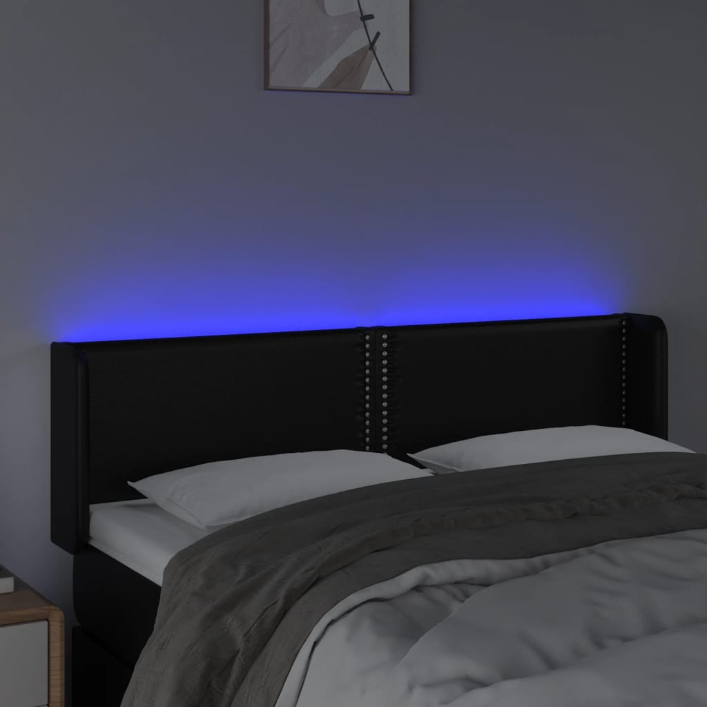 vidaXL Cabeceira de cama c/ LED couro artificial 147x16x78/88 cm preto