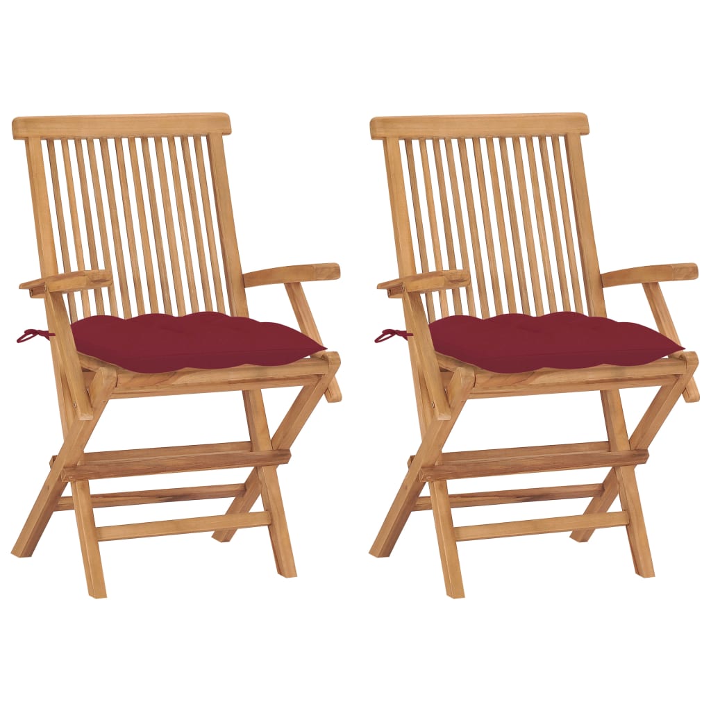 vidaXL Cadeiras jardim c/ almofadões vermelho tinto 2 pcs teca maciça