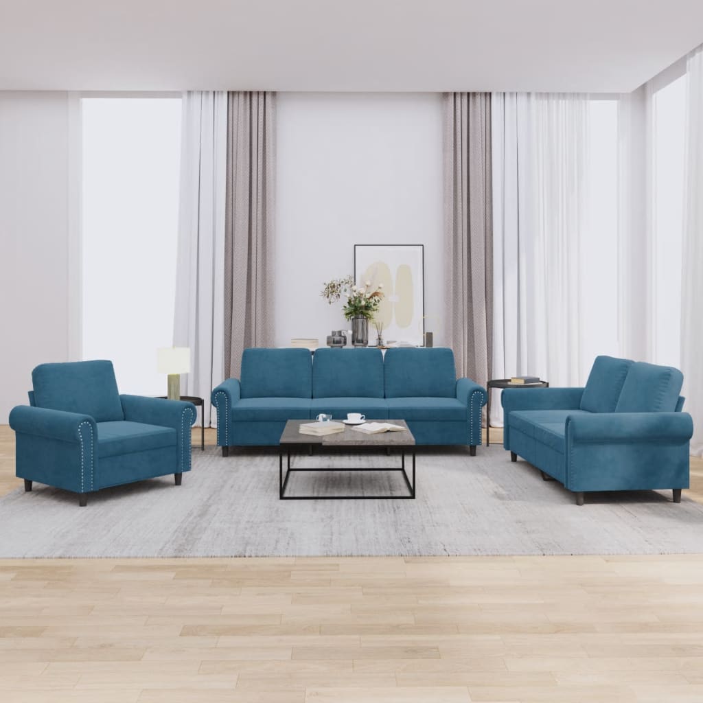 vidaXL 3 pcs conjunto de sofás com almofadões veludo azul