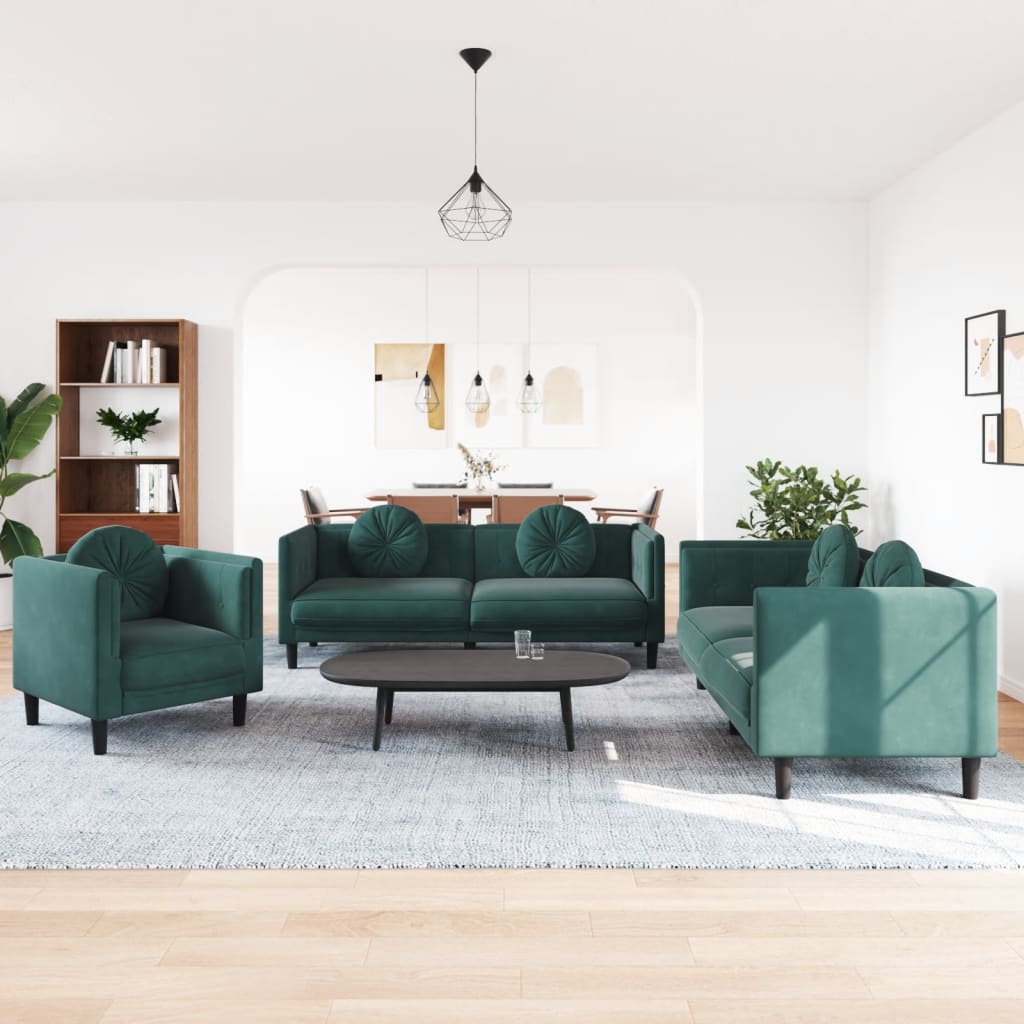 vidaXL 3 pcs conjunto de sofás com almofadas veludo verde-escuro