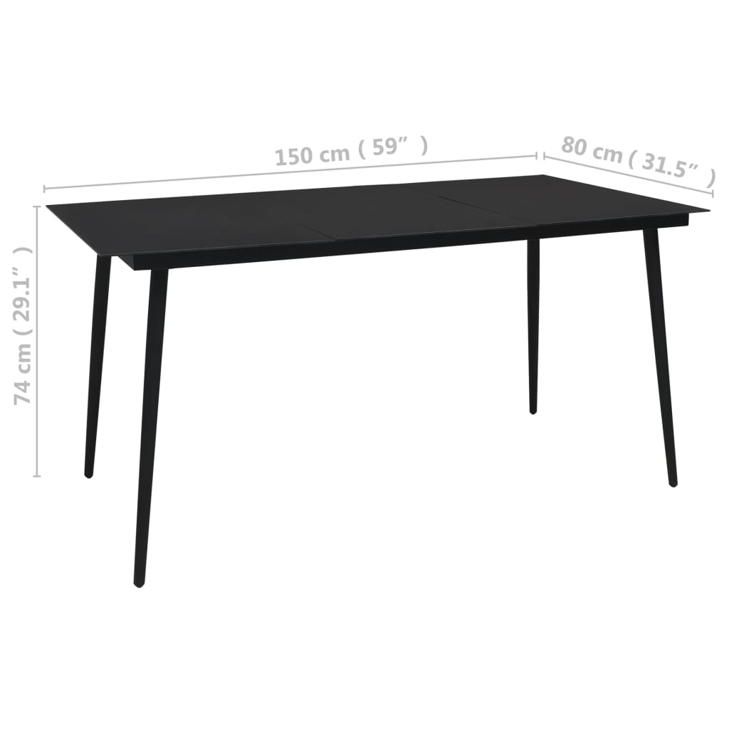 vidaXL Mesa de jantar para jardim 150x80x74 cm aço e vidro preto