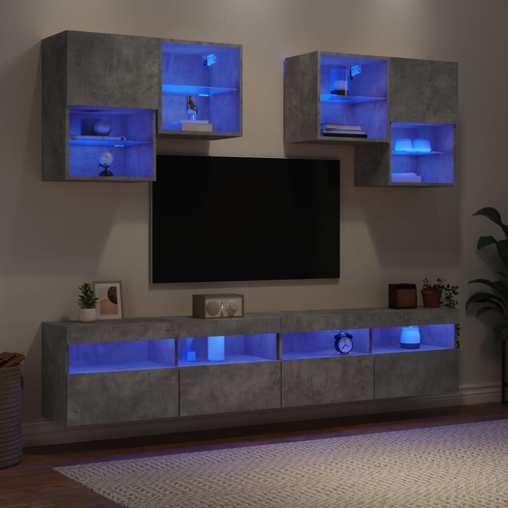 vidaXL 6 pcs conj. móveis de parede p/ TV luzes LED cinzento cimento