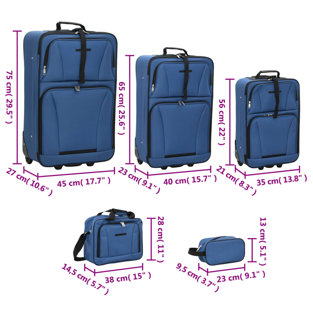 vidaXL 5 pcs conjunto malas de viagem tecido azul