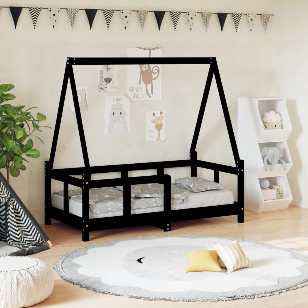 vidaXL Estrutura de cama infantil 70x140 cm pinho maciço preto
