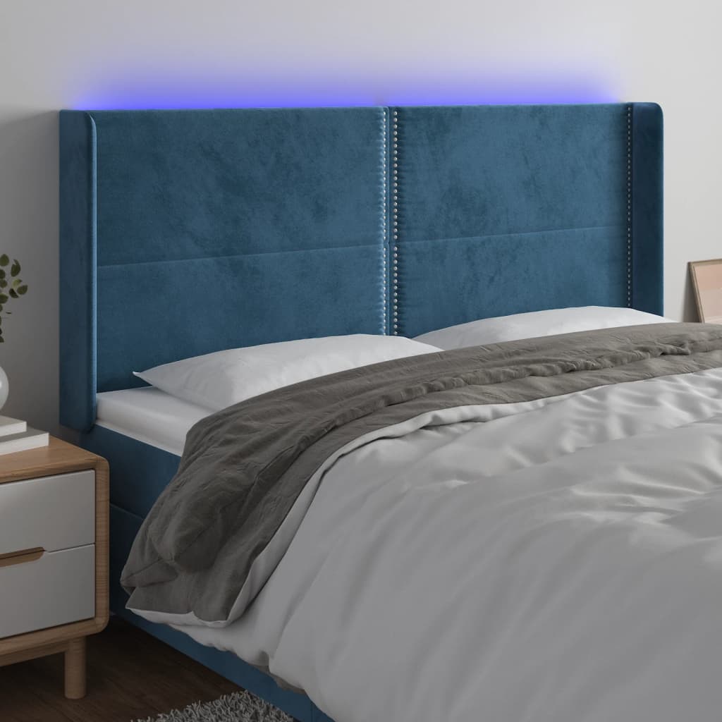 vidaXL Cabeceira cama c/ luzes LED veludo 183x16x118/128cm azul-escuro