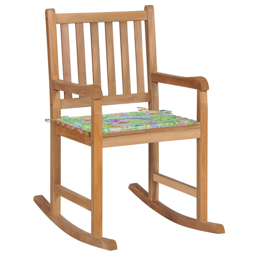 vidaXL Cadeira de baloiço com almofadão padrão folhas teca maciça