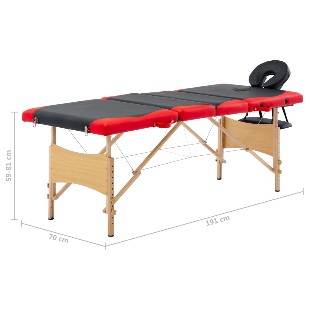 vidaXL Mesa de massagens dobrável 4 zonas madeira preto e vermelho