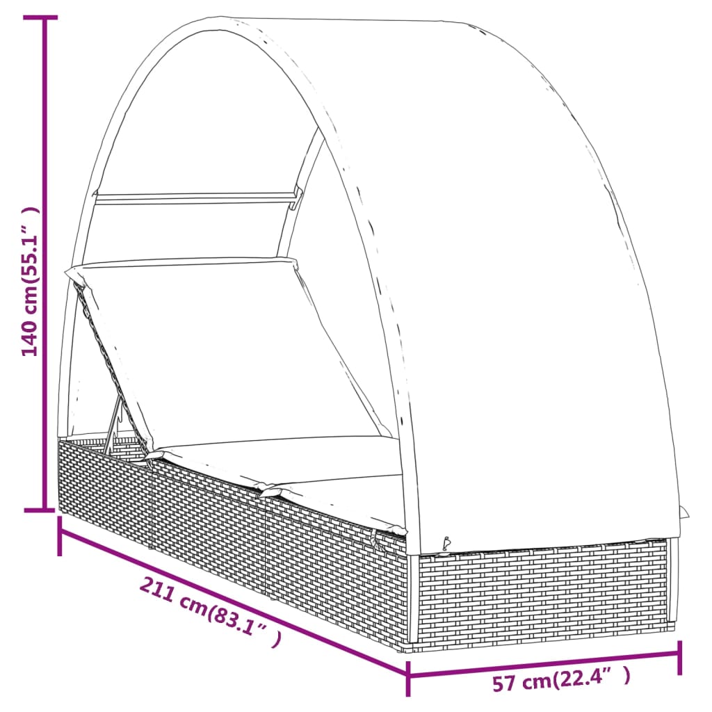 vidaXL Espreguiçadeira com teto redondo 211x57x140 cm vime PE preto
