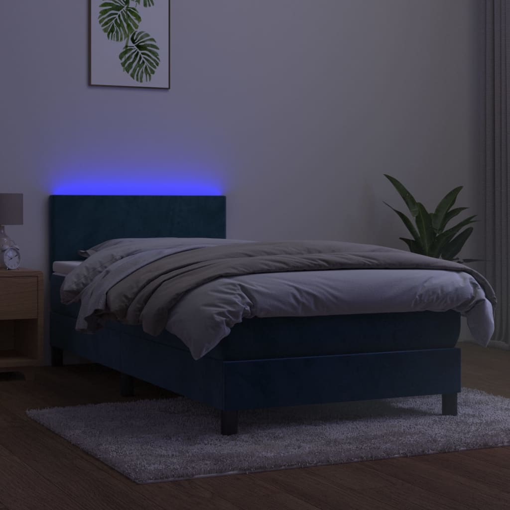 vidaXL Cama box spring c/ colchão/LED 100x200 cm veludo azul-escuro