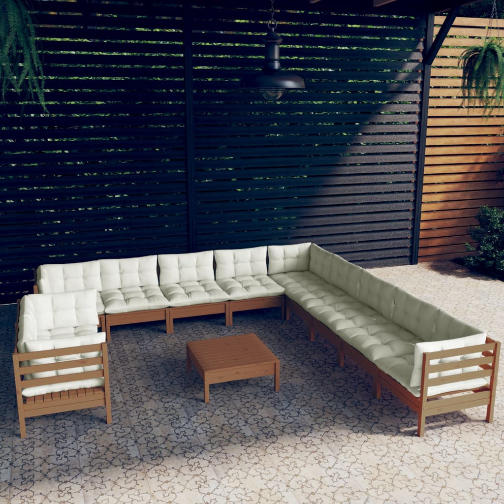 vidaXL 12pcs conj lounge jardim + almofadões pinho maciço castanho-mel