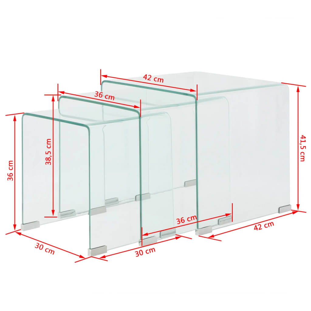 vidaXL Conjunto mesas de encastrar 3 pcs vidro temperado transparente