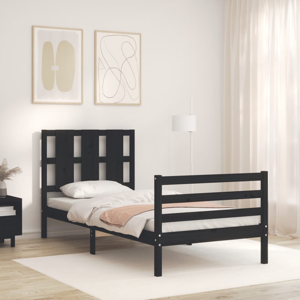 vidaXL Estrutura de cama com cabeceira 90x200 cm madeira maciça preto