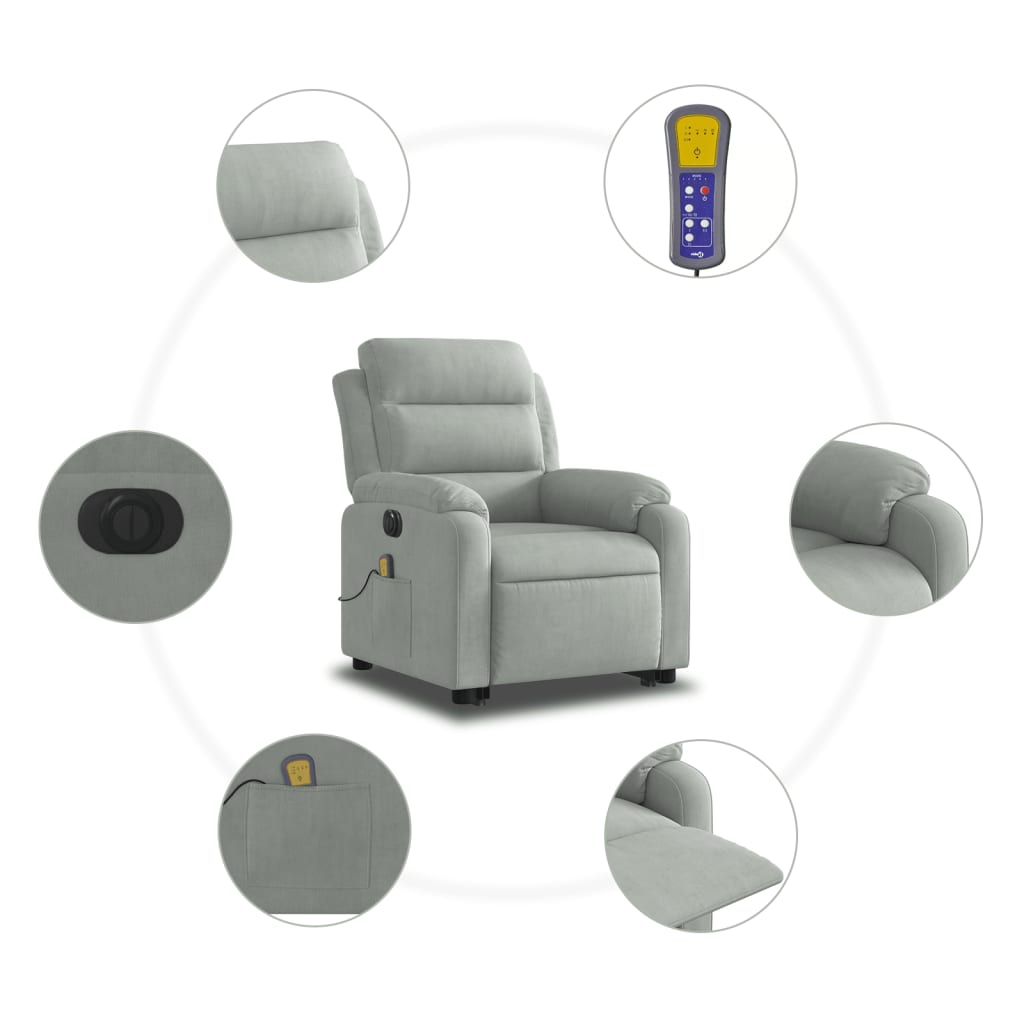 vidaXL Poltrona de massagens reclinável elétrica veludo cinzento-claro