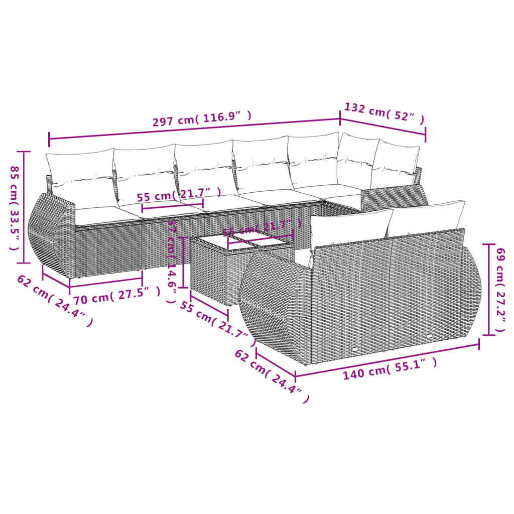 vidaXL 9 pcs conjunto de sofás p/ jardim com almofadões vime PE bege