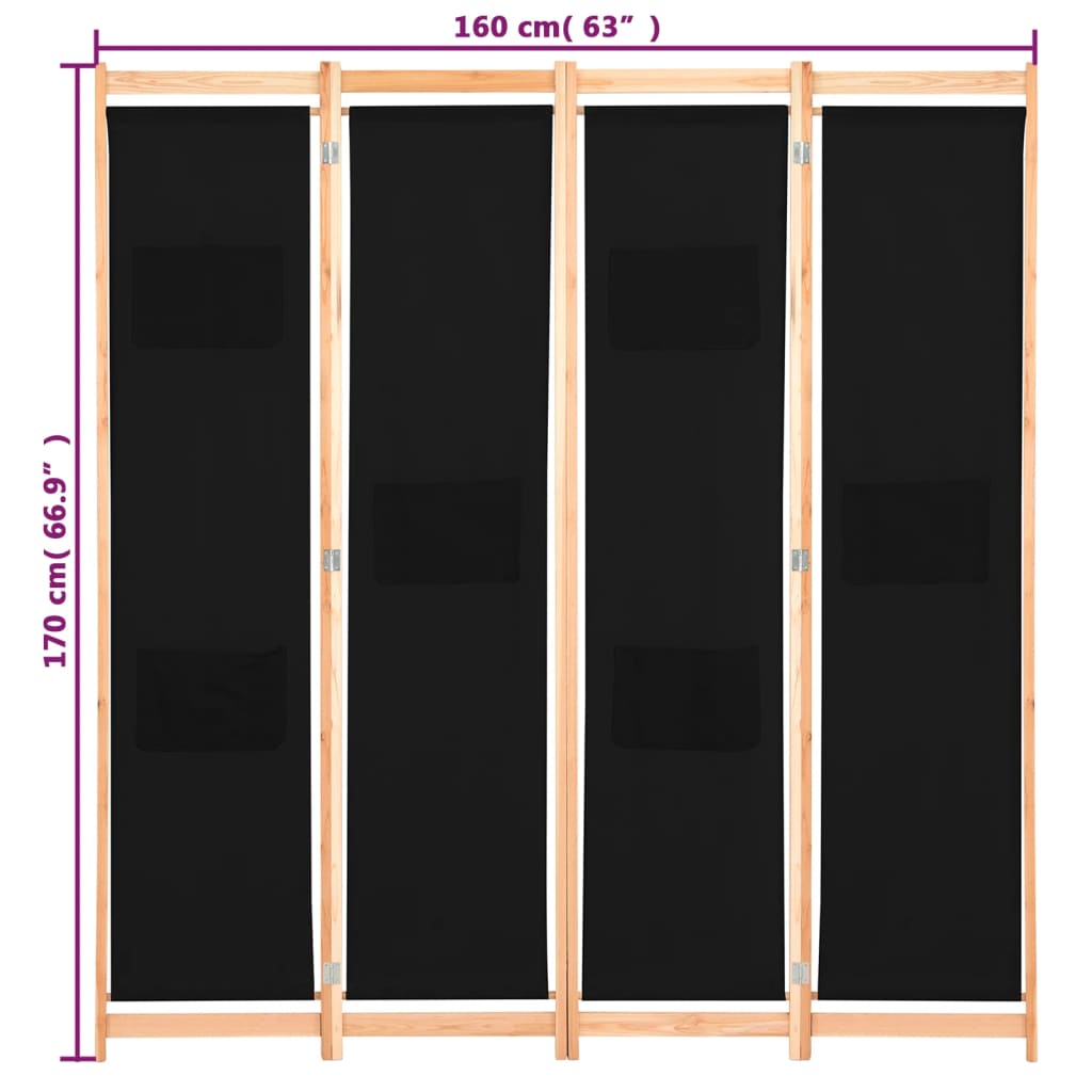 vidaXL Divisória de quarto com 4 painéis 160x170x4 cm tecido preto