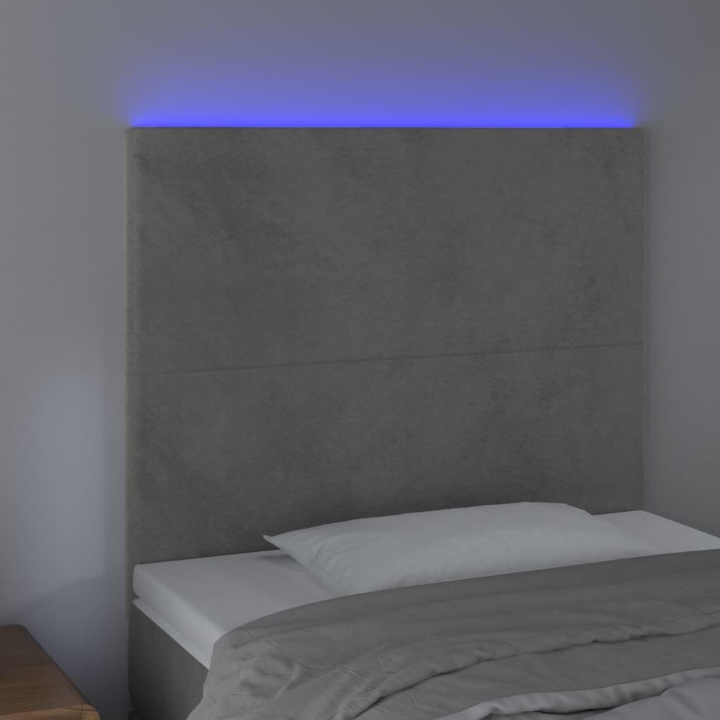 vidaXL Cabeceira cama c/ luzes LED veludo 90x5x118/128cm cinza-claro