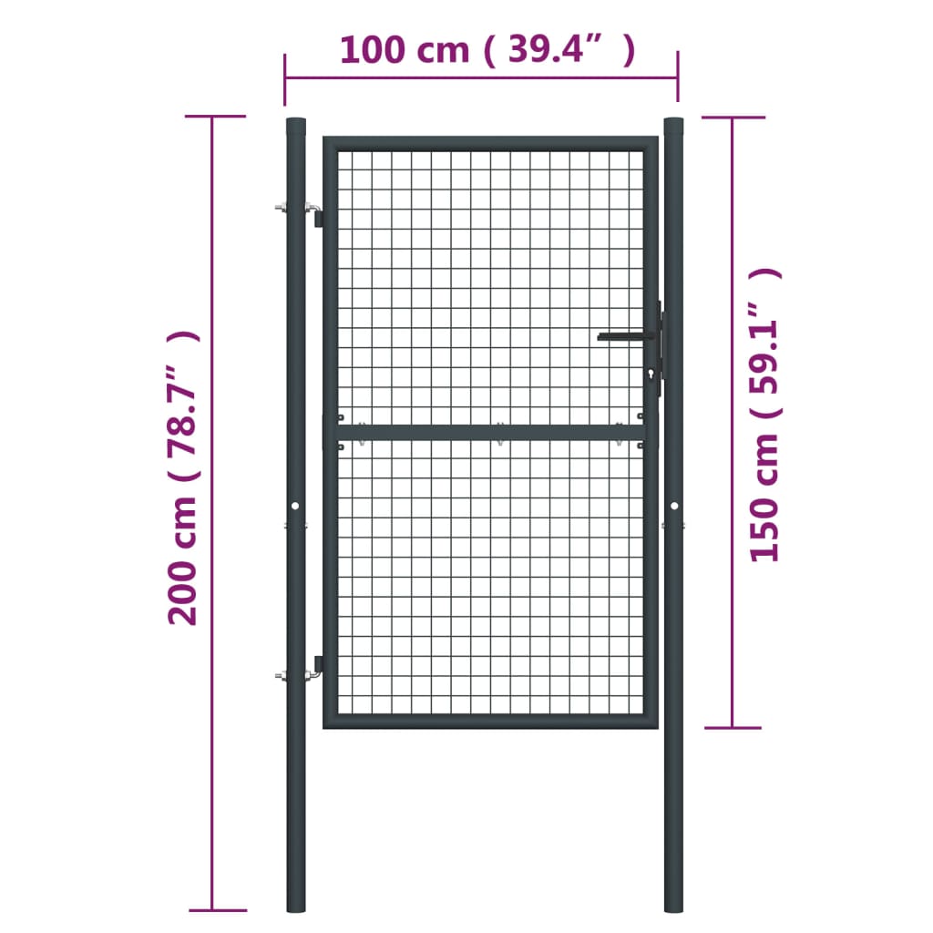 vidaXL Portão de jardim em rede aço galvanizado 100x200 cm cinzento