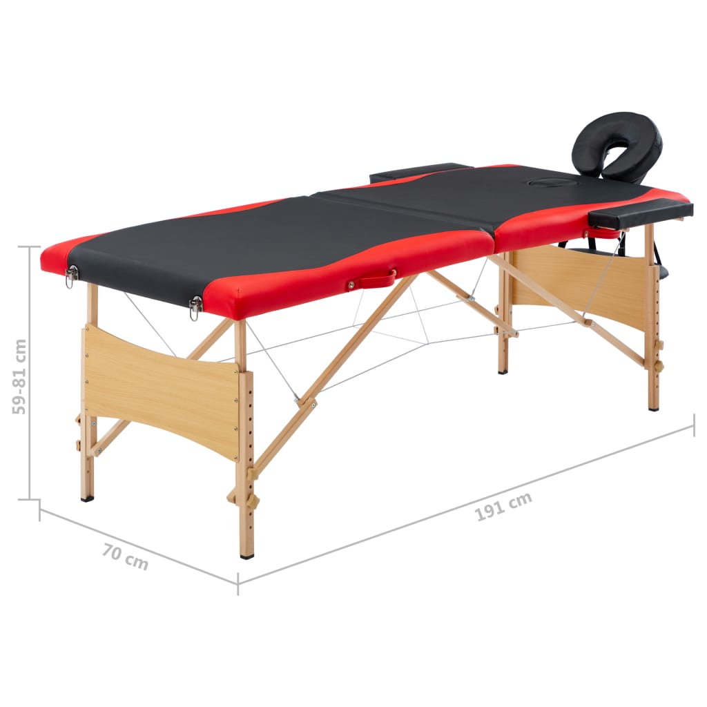 vidaXL Mesa de massagens dobrável 2 zonas madeira preto e vermelho