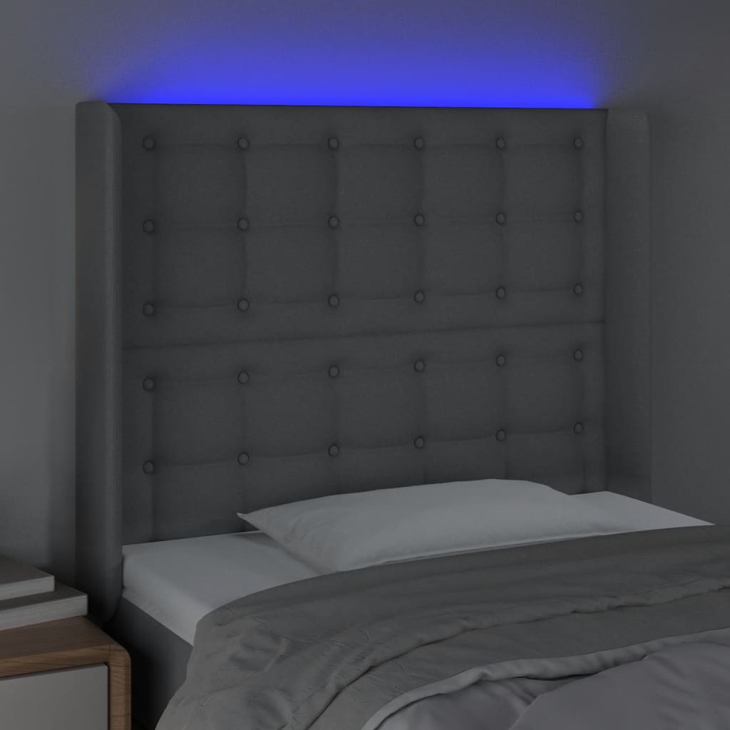 vidaXL Cabeceira cama c/ luzes LED tecido 83x16x118/128 cm cinza-claro