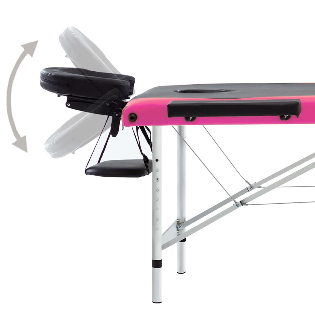 vidaXL Mesa de massagem dobrável 3 zonas alumínio preto e rosa